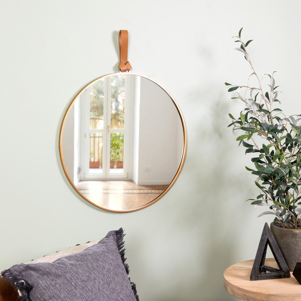 HomeRoots Minimalist Gold Round Mirror with Leather Strap