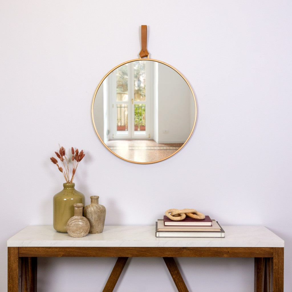 HomeRoots Minimalist Gold Round Mirror with Leather Strap