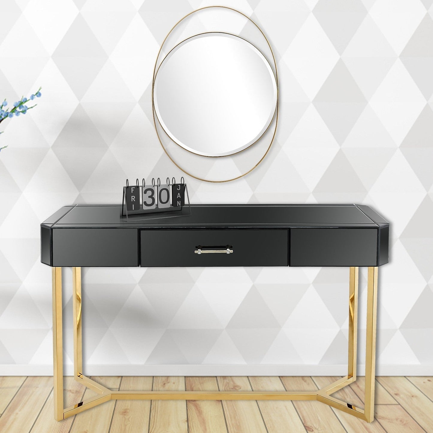 HomeRoots Mirror And Console Table With Black and Gold Finish