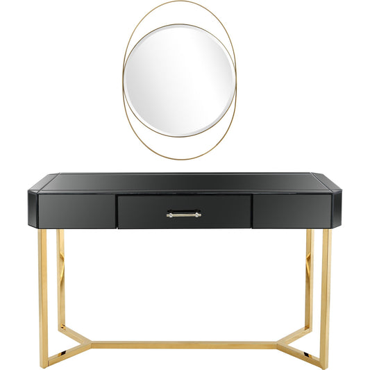 HomeRoots Mirror And Console Table With Black and Gold Finish