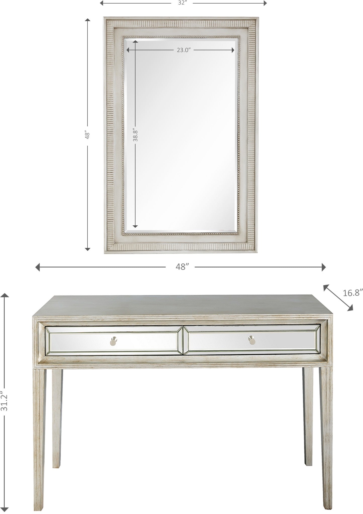 HomeRoots Mirror and Console Table in Antiqued Silver Finish