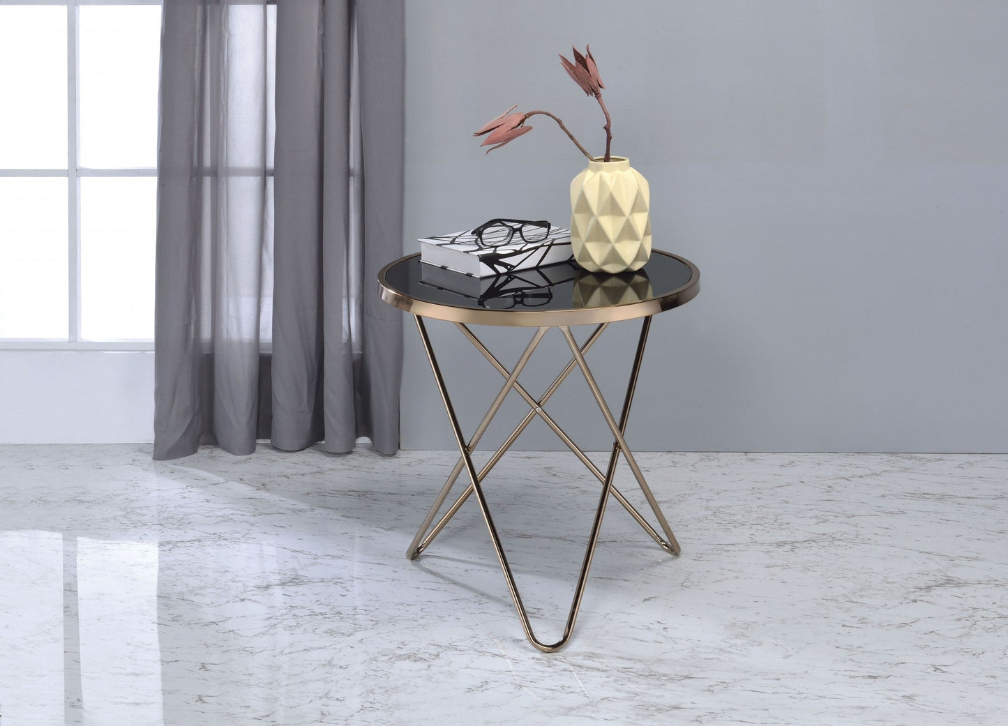 HomeRoots Mod Black Glass and Geo Gold End Table