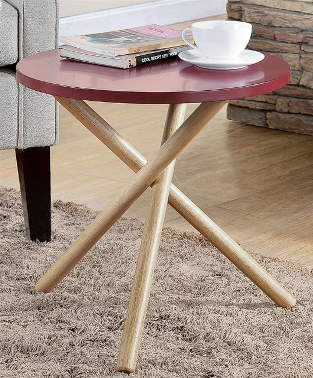 HomeRoots Mod Round Maroon and Light Wood Side Table