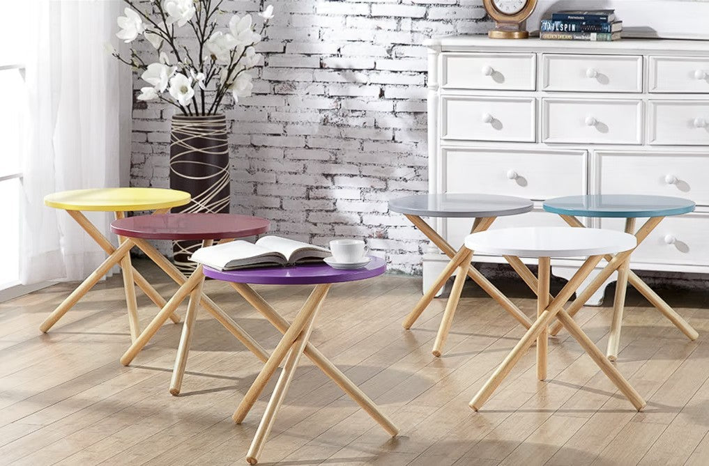 HomeRoots Mod Round Maroon and Light Wood Side Table