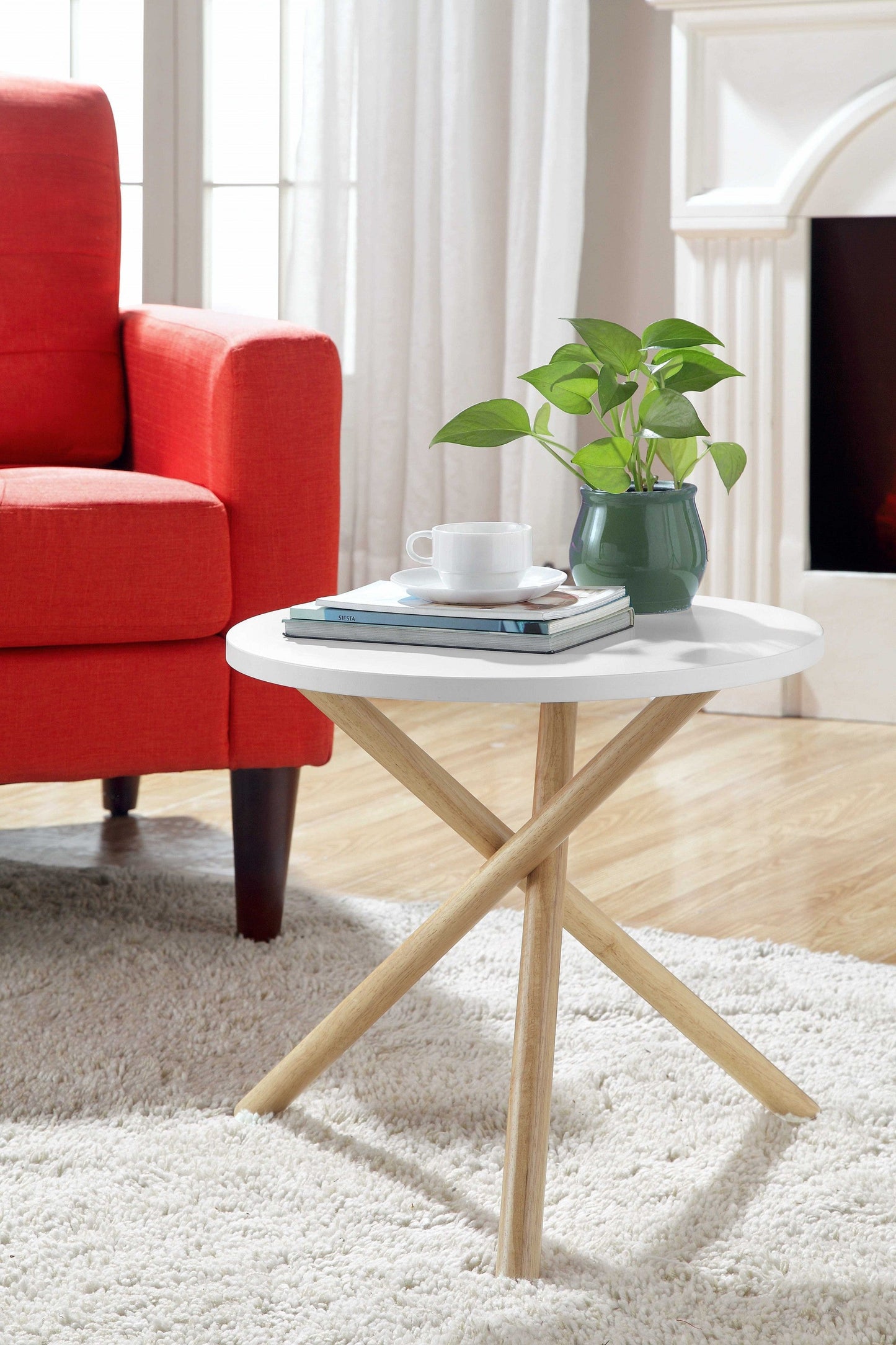 HomeRoots Mod Round White and Light Wood Side Table
