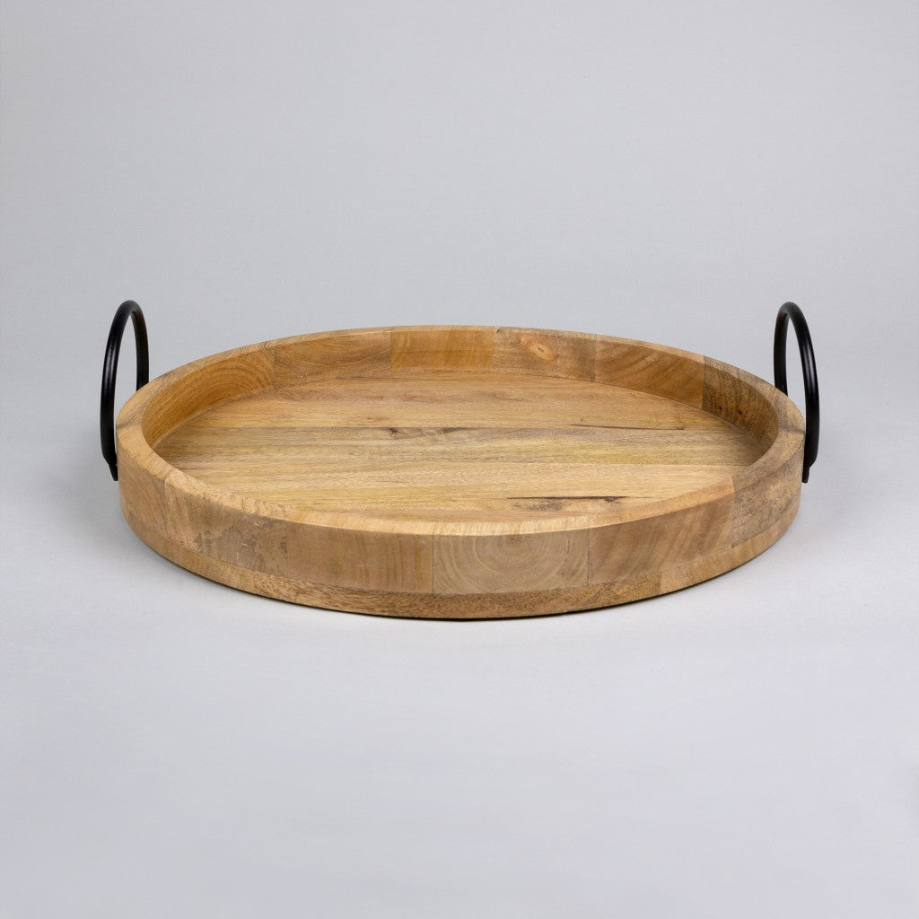 HomeRoots Mod Round Wooden Tray with Iron Handles