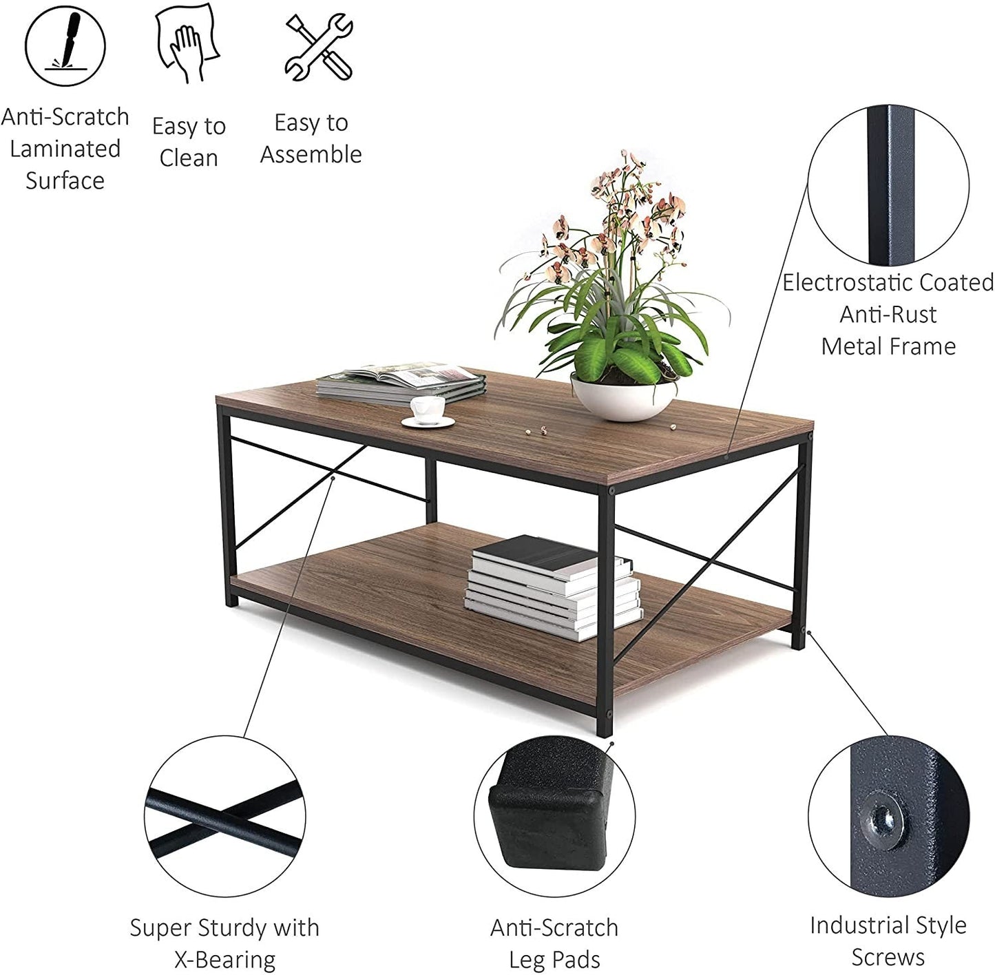 HomeRoots Mod Walnut and Black Coffee Table with Shelf