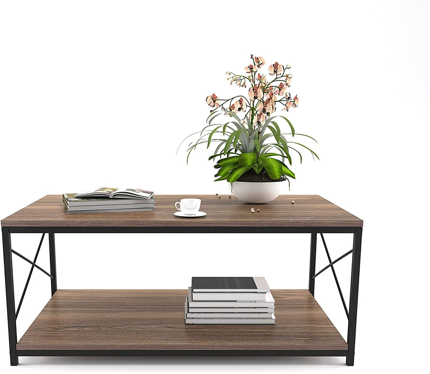HomeRoots Mod Walnut and Black Coffee Table with Shelf