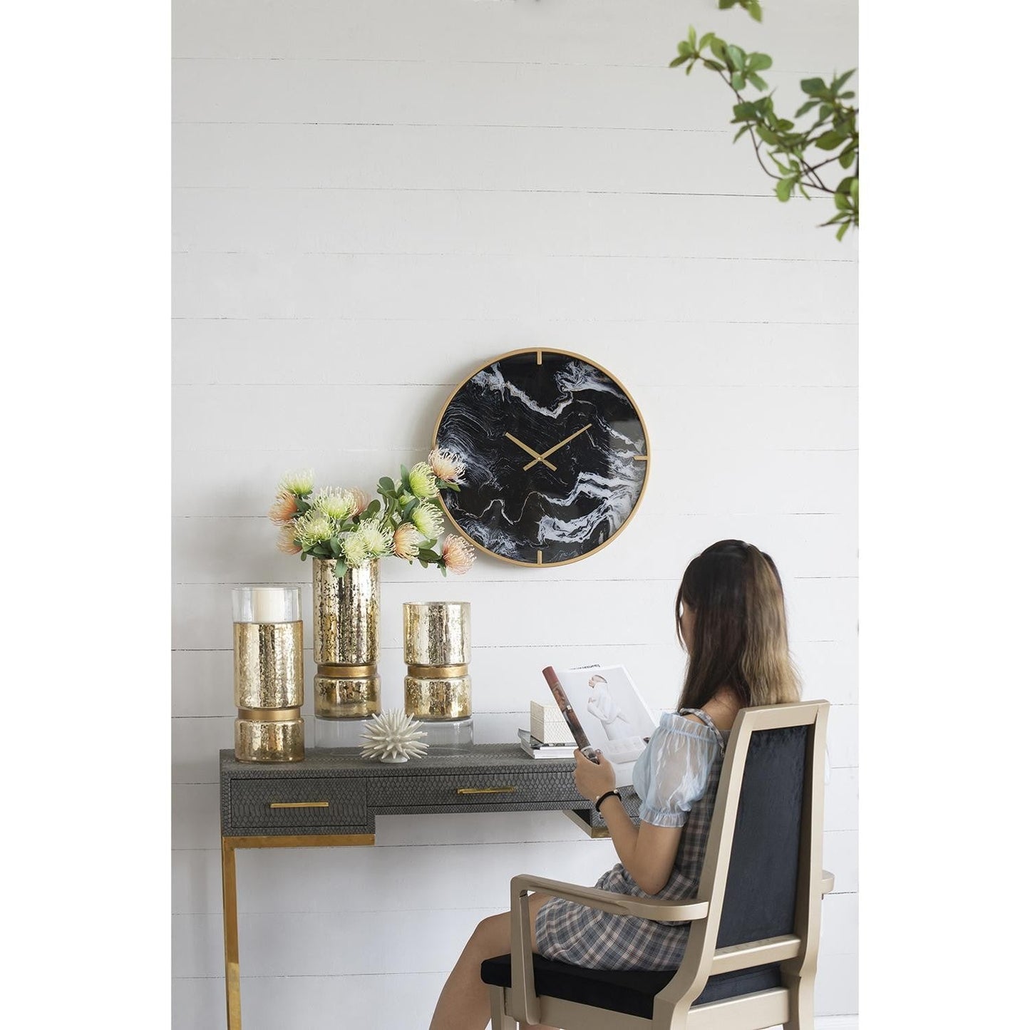 HomeRoots Modern Black Faux Marble and Gold Round Wall Clock
