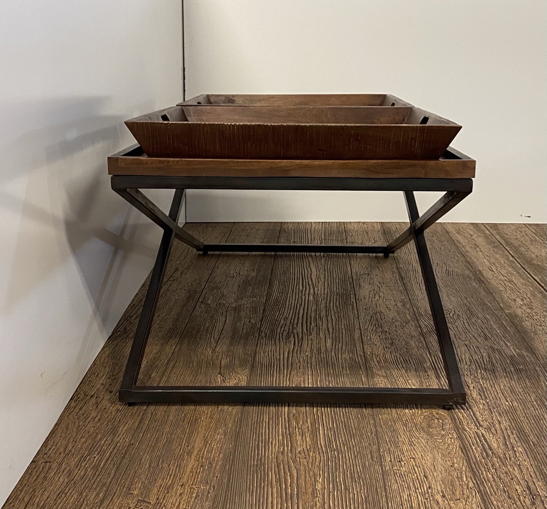 HomeRoots Modern Black Iron x Leg Wood Tray Coffee Table