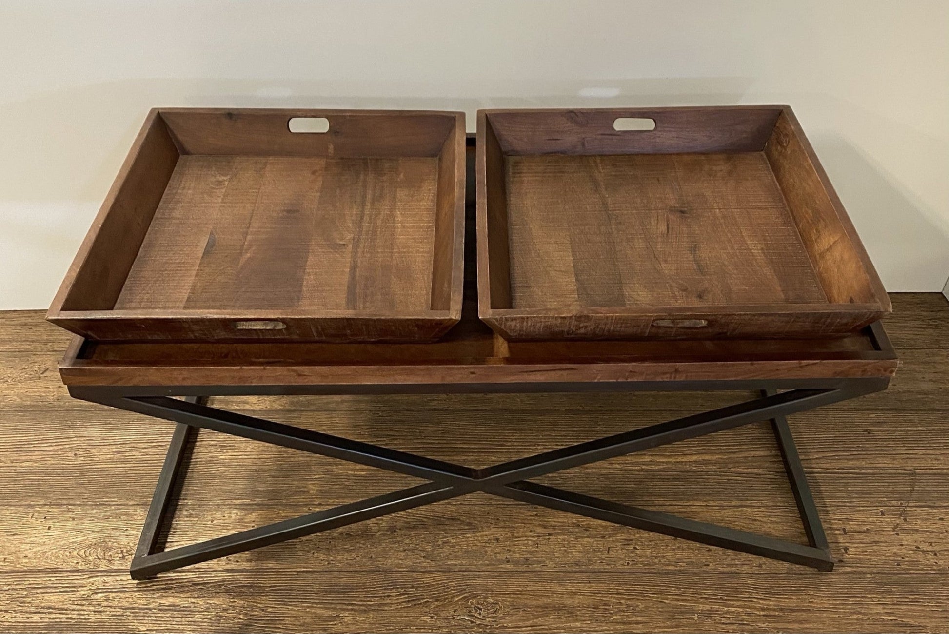 HomeRoots Modern Black Iron x Leg Wood Tray Coffee Table