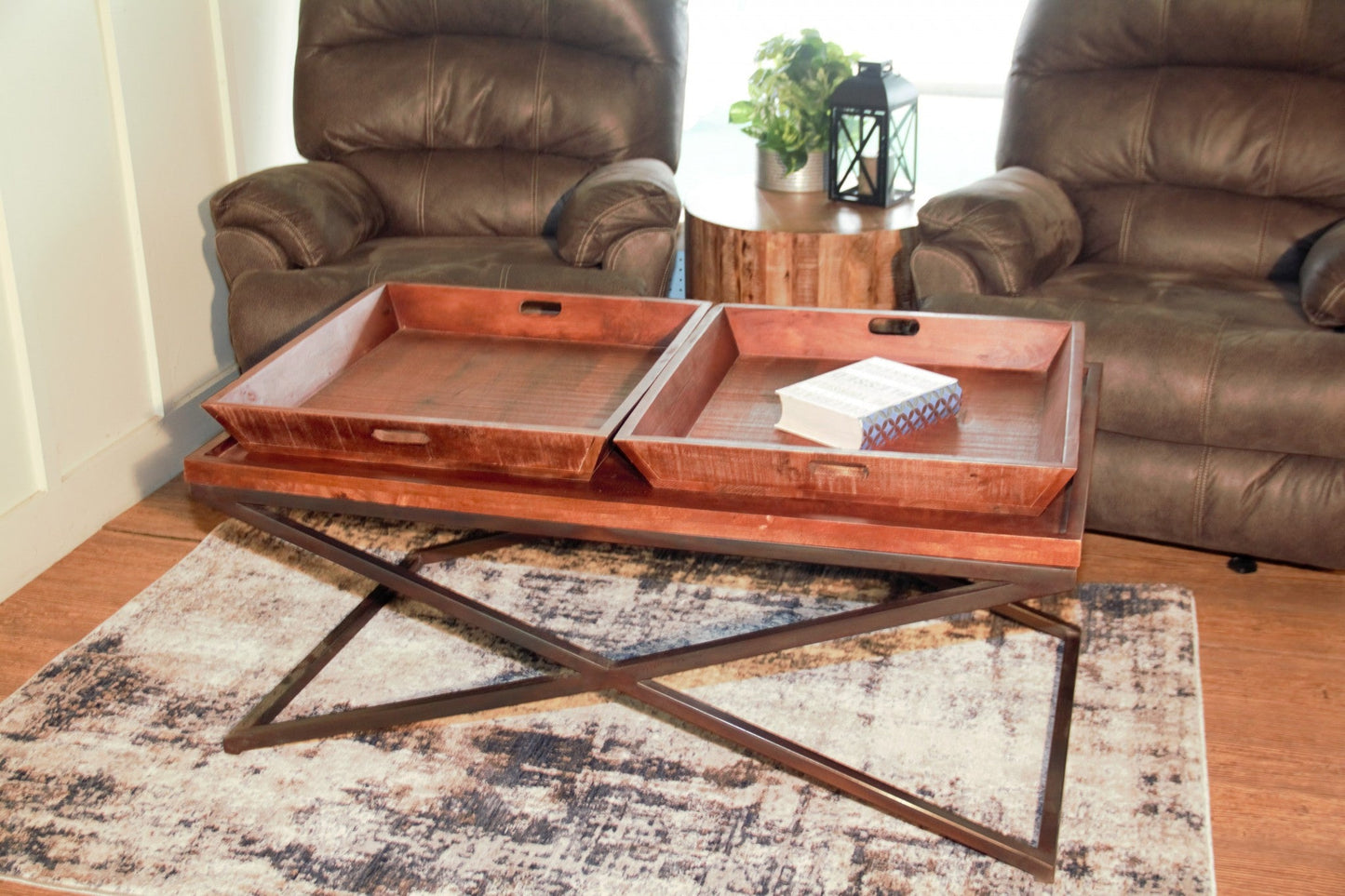 HomeRoots Modern Black Iron x Leg Wood Tray Coffee Table