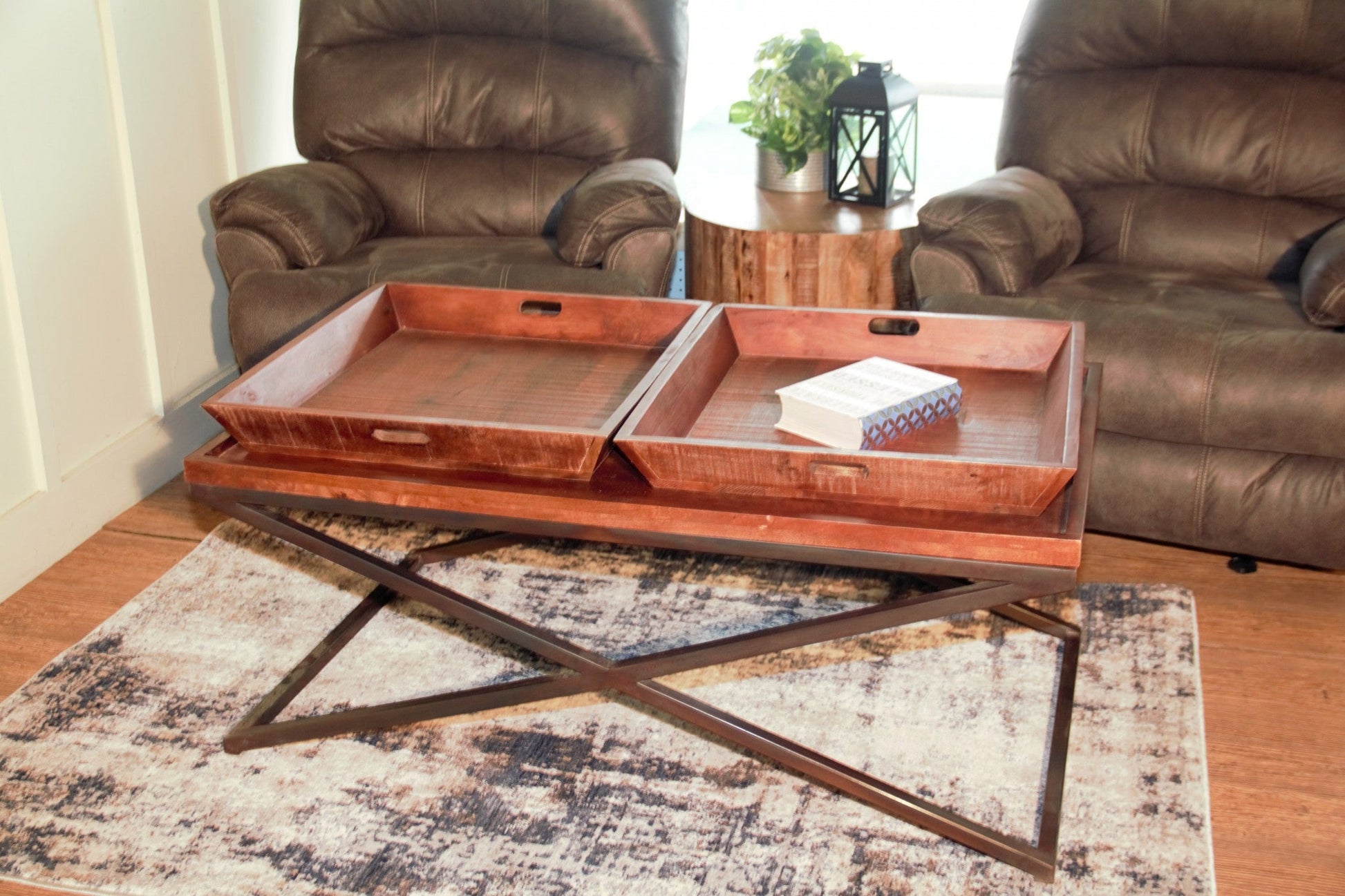 HomeRoots Modern Black Iron x Leg Wood Tray Coffee Table