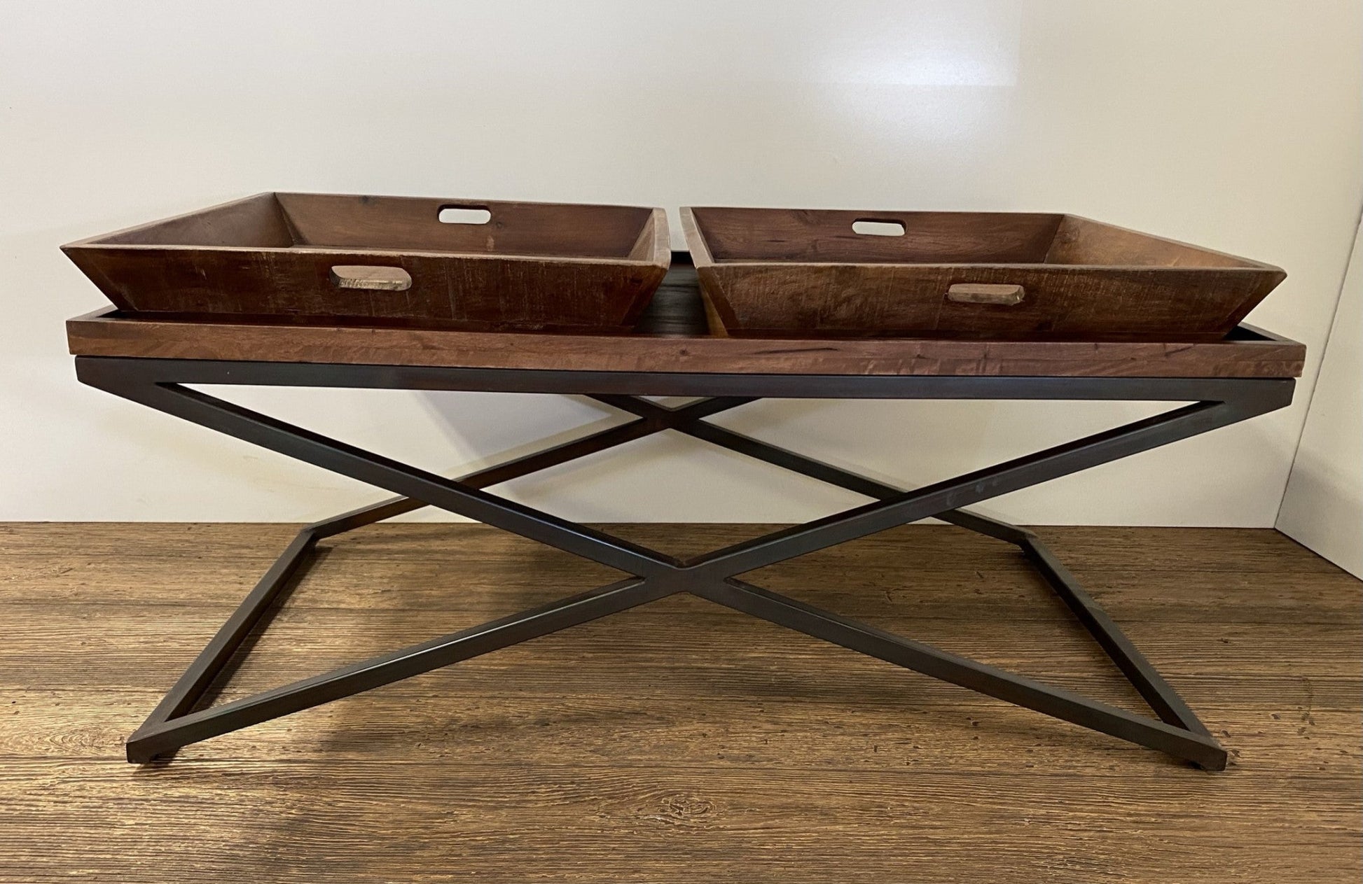 HomeRoots Modern Black Iron x Leg Wood Tray Coffee Table