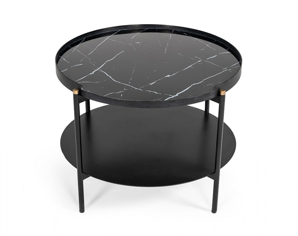 HomeRoots Modern Black Marble Painted Round Metal Coffee Table