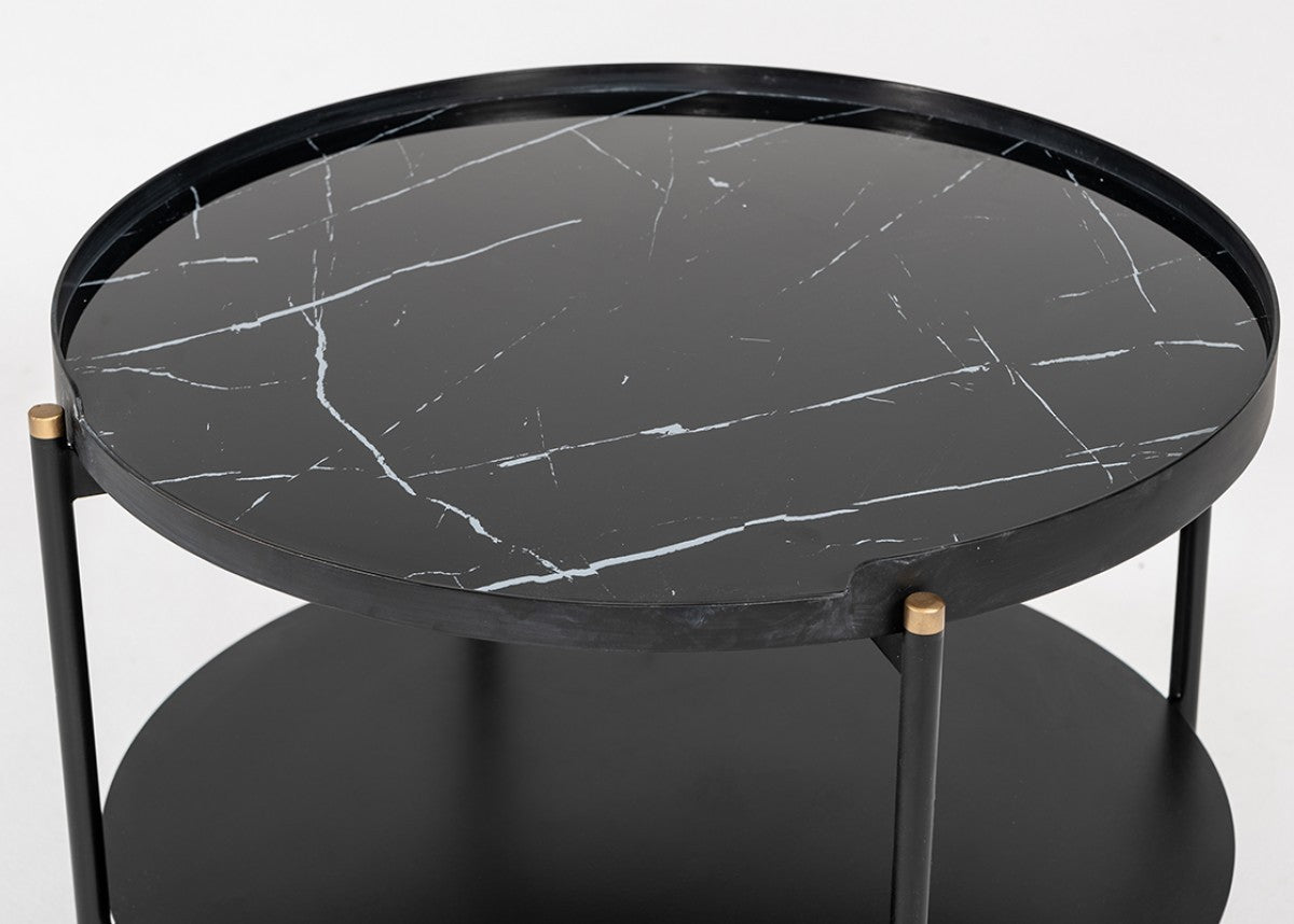 HomeRoots Modern Black Marble Painted Round Metal Coffee Table