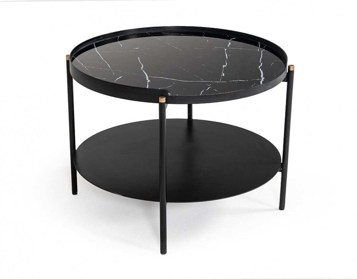 HomeRoots Modern Black Marble Painted Round Metal Coffee Table