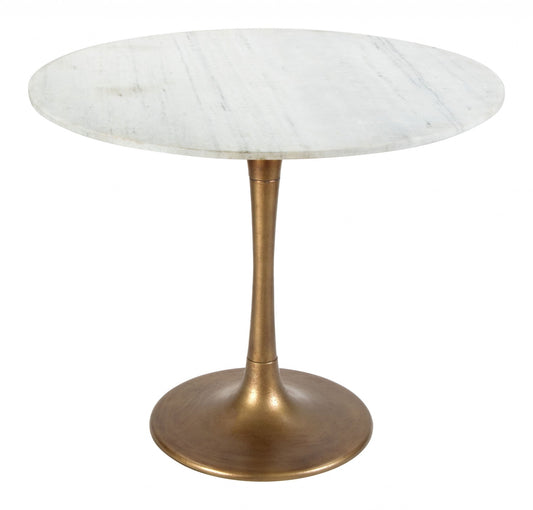HomeRoots Modern Burnished Gold Pedestal Bistro Table With White Marble Top Finish