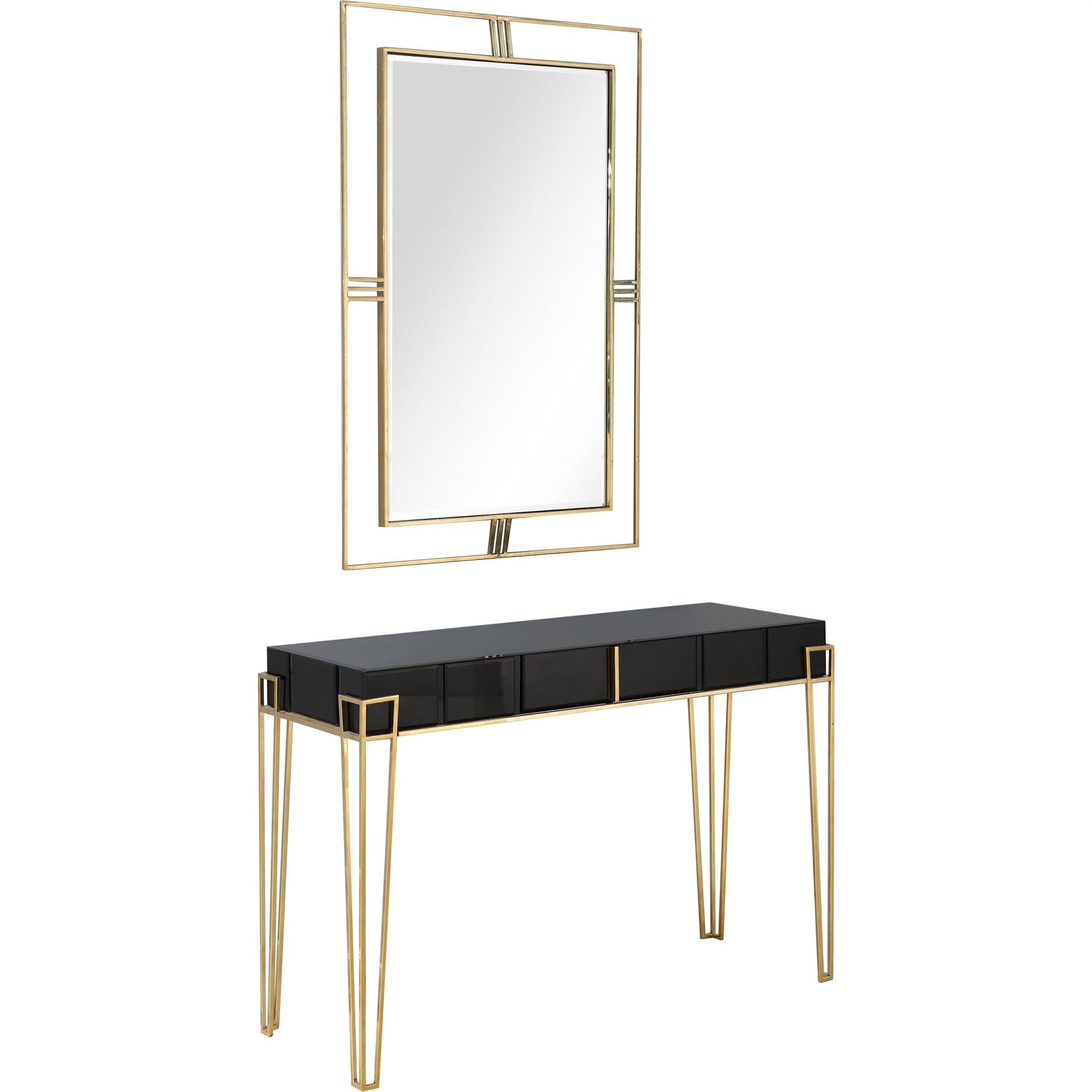 HomeRoots Modern Console Table and Mirror Set With Black and Gold Finish