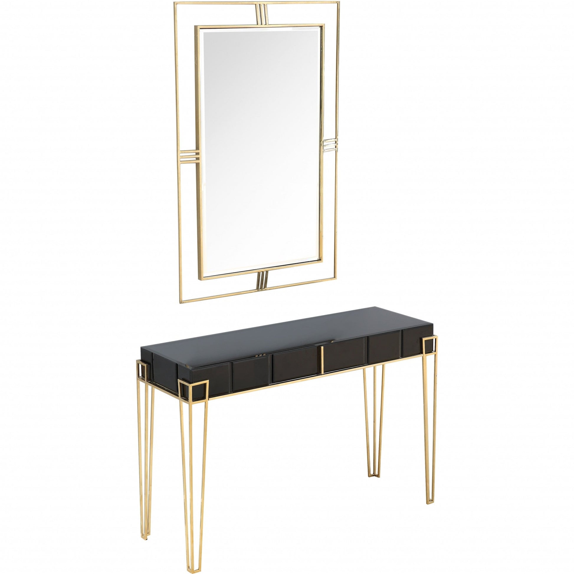 HomeRoots Modern Console Table and Mirror Set With Black and Gold Finish