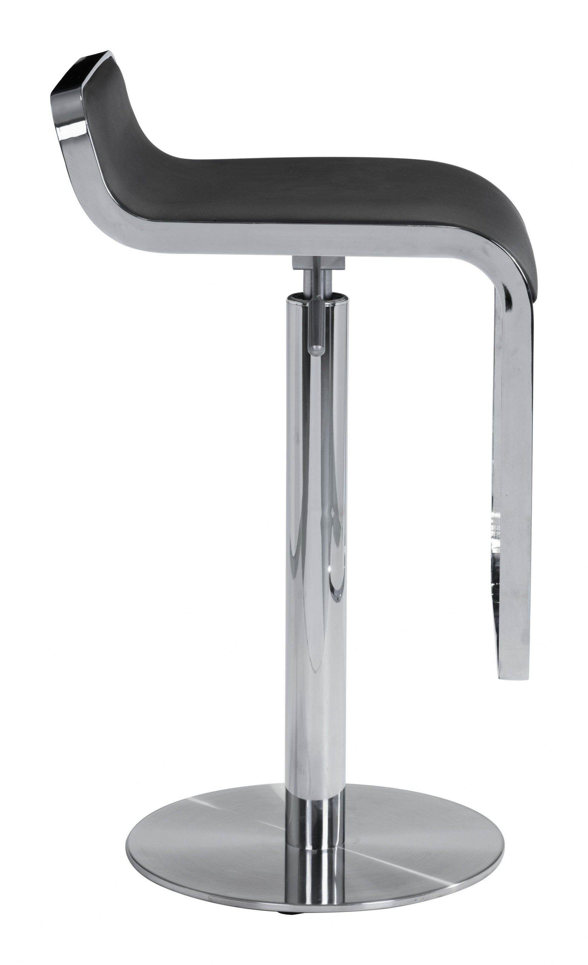 HomeRoots Modern Faux Leather and Chrome Adjustable Pedestal Barstool in Black Finish