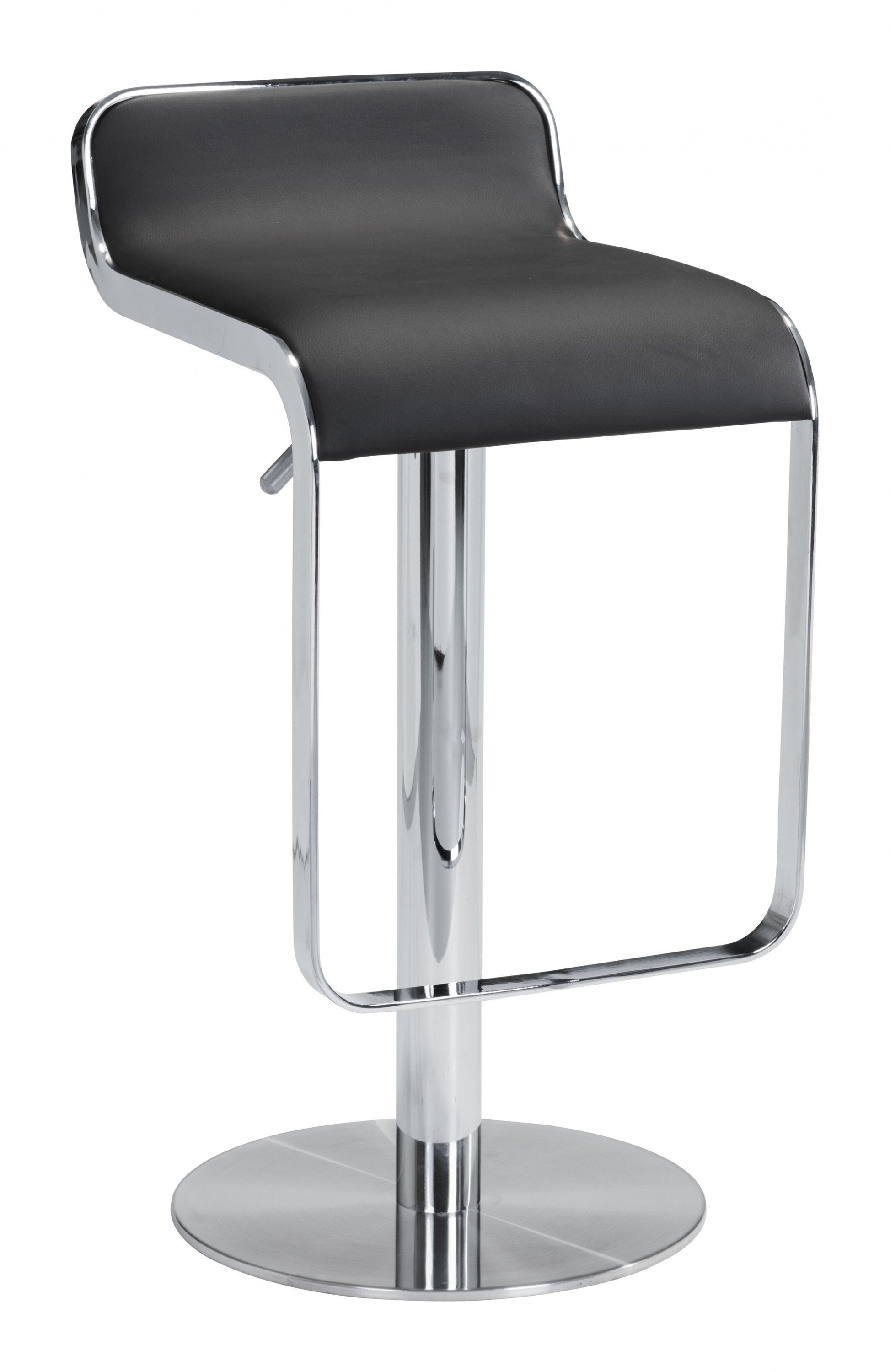 HomeRoots Modern Faux Leather and Chrome Adjustable Pedestal Barstool in Black Finish