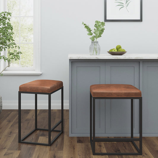 HomeRoots Modern Geo Brown Leather Bar Stools in Set of 2