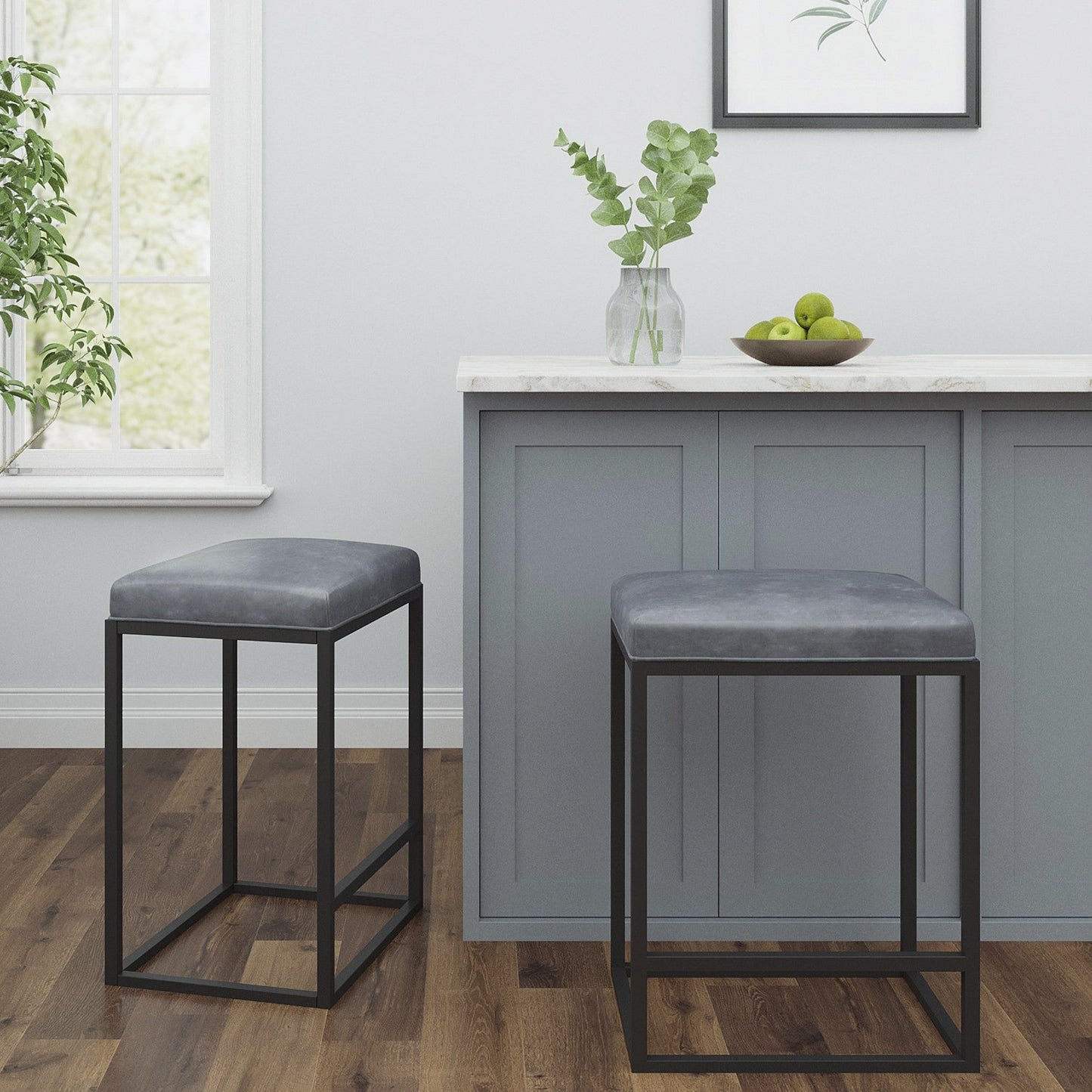 HomeRoots Modern Geo Grey Leather Bar Stools in Set of 2