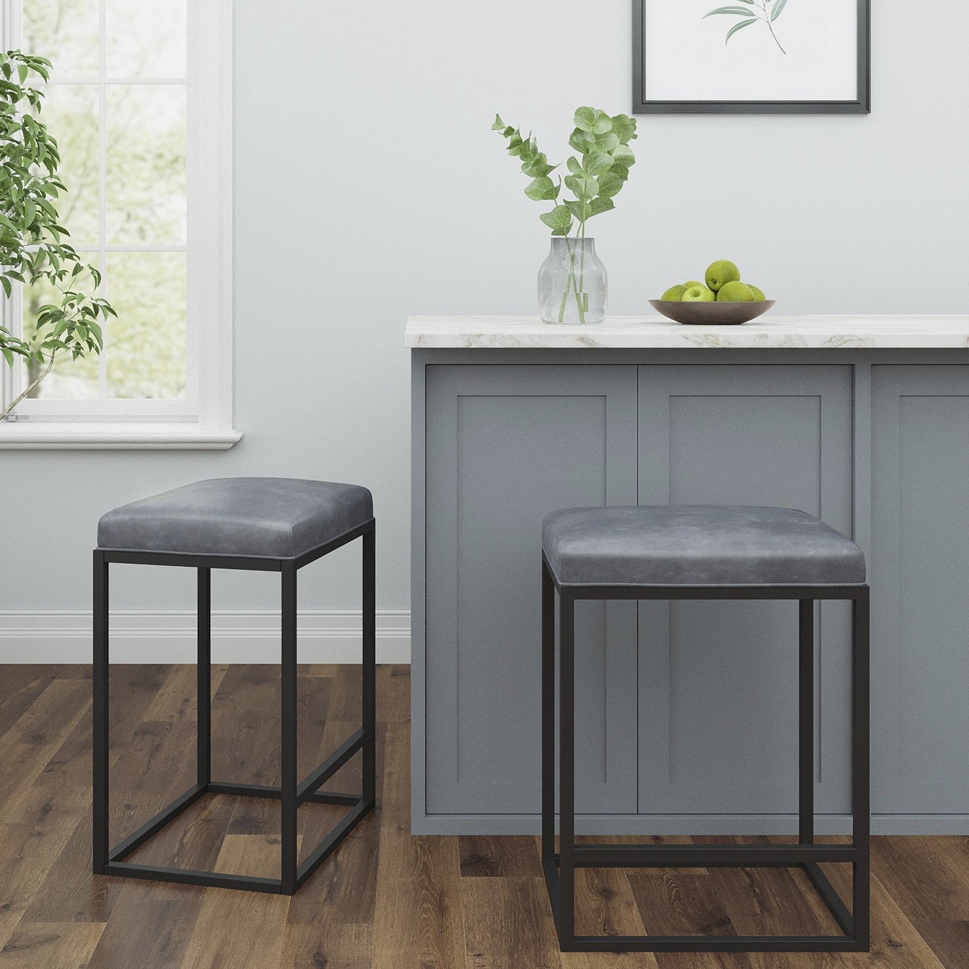 HomeRoots Modern Geo Grey Leather Bar Stools in Set of 2