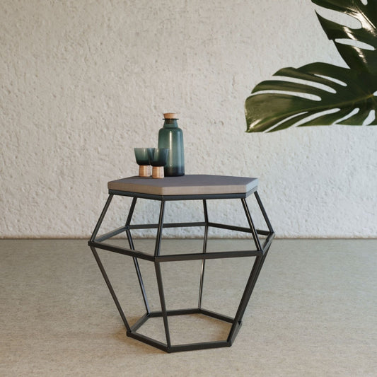 HomeRoots Modern Gray Concrete and Black Metal Hexagonal End Table