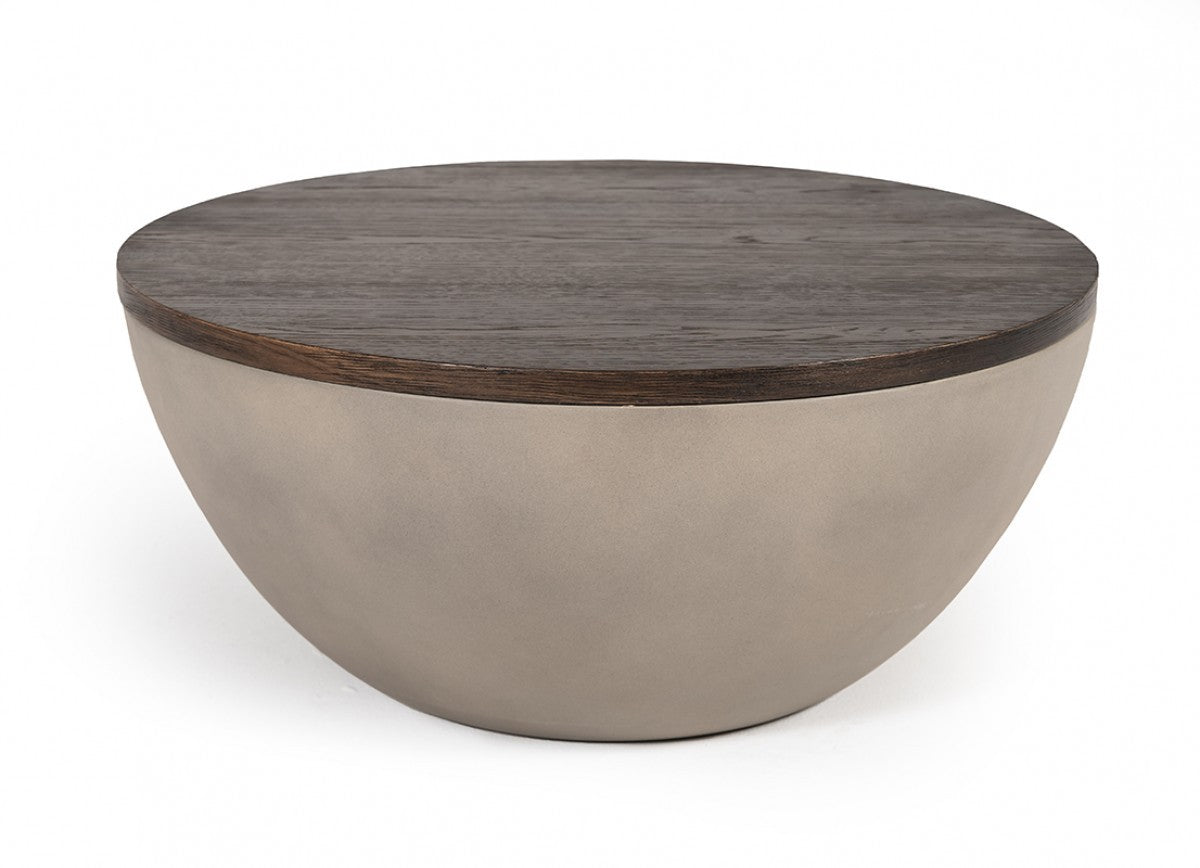 HomeRoots Modern Grey Concrete and Brown Oak Round Coffee Table