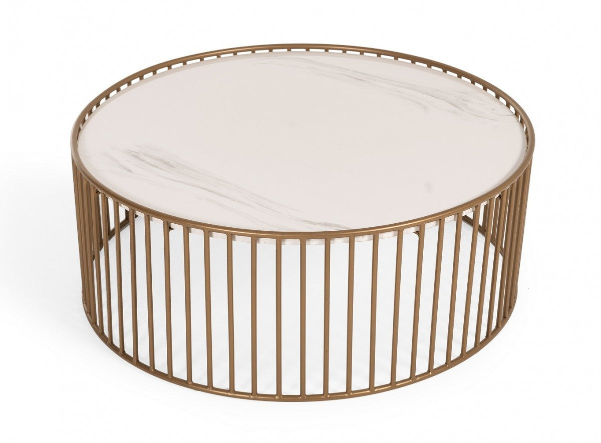 HomeRoots Modern Round White Faux Marble Coffee Table With Gold Base Finish