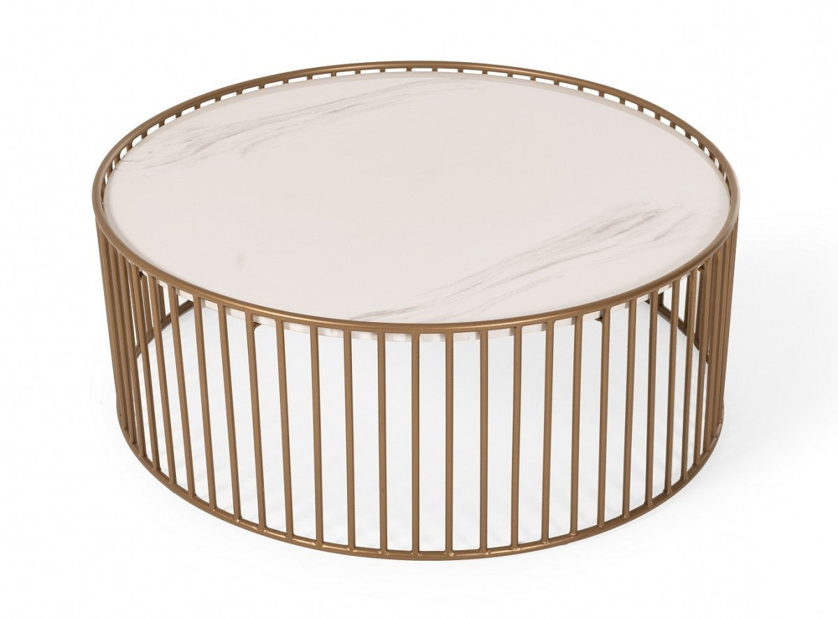 HomeRoots Modern Round White Faux Marble Coffee Table With Gold Base Finish