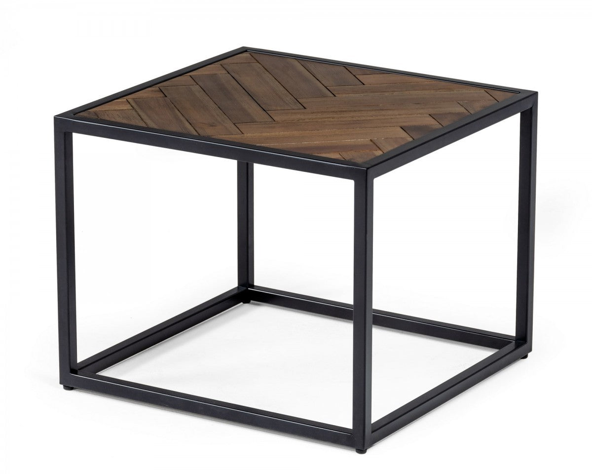 HomeRoots Modern Rustic Brown and Black Chevron Wood and Metal End Table