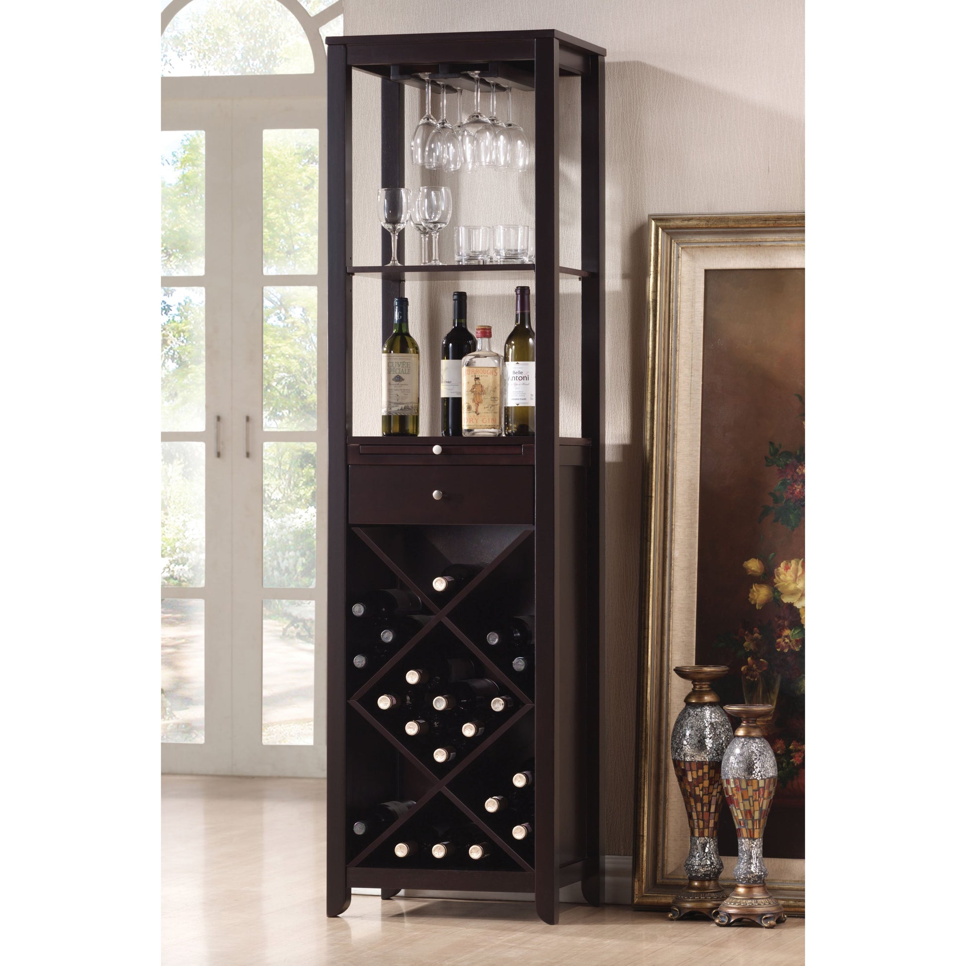 HomeRoots Modern Style Wood Wine Cabinet in Dark Brown Finish