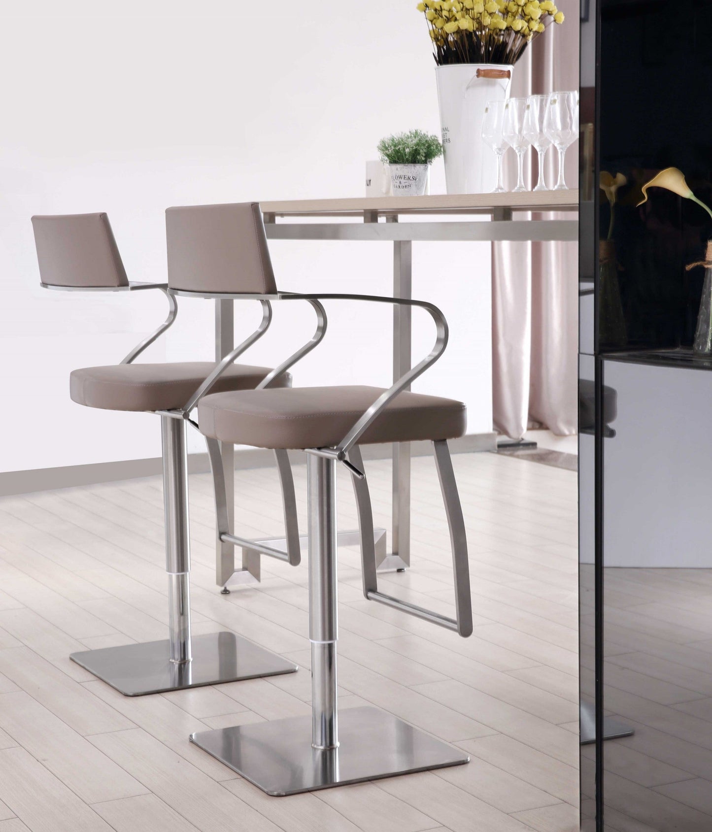 HomeRoots Modern Taupe Faux Leather Adjustable Barstool with Arms