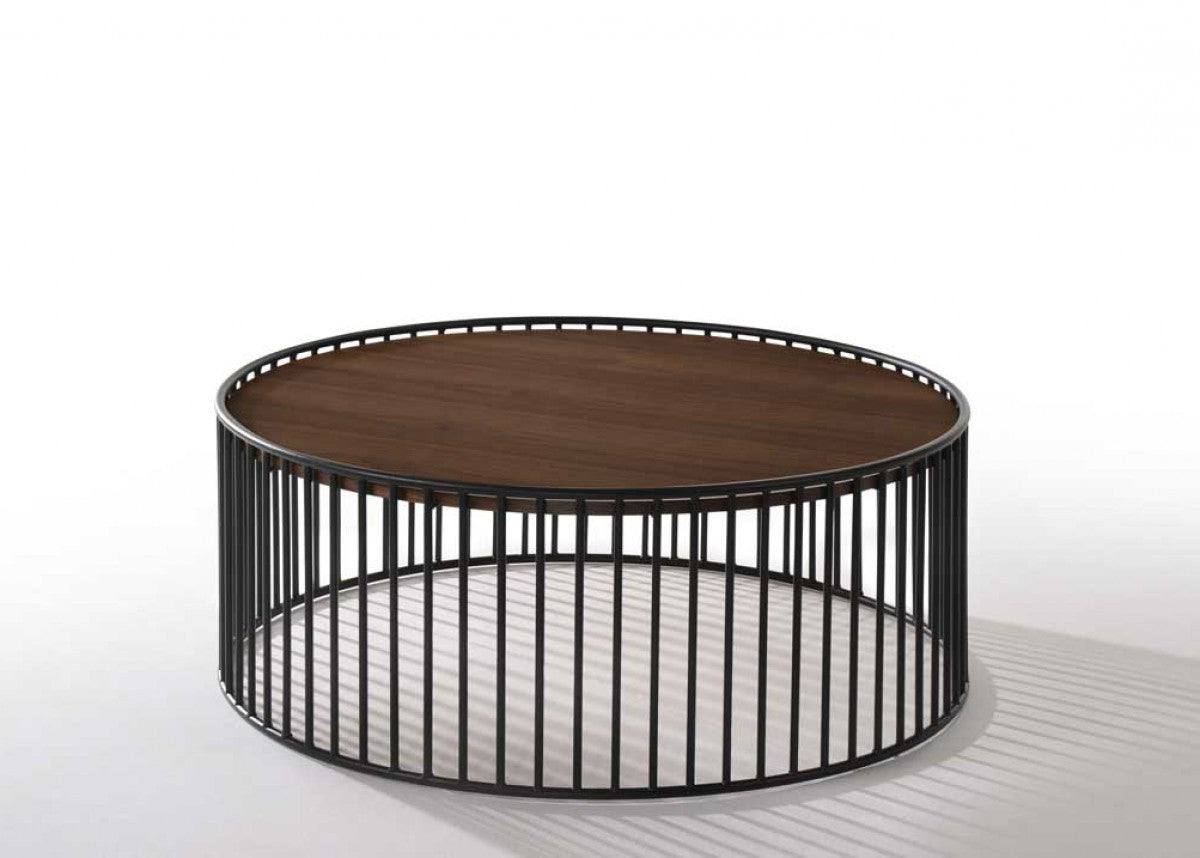 HomeRoots Modern Walnut Round Coffee Table With Black Metal Rods Base