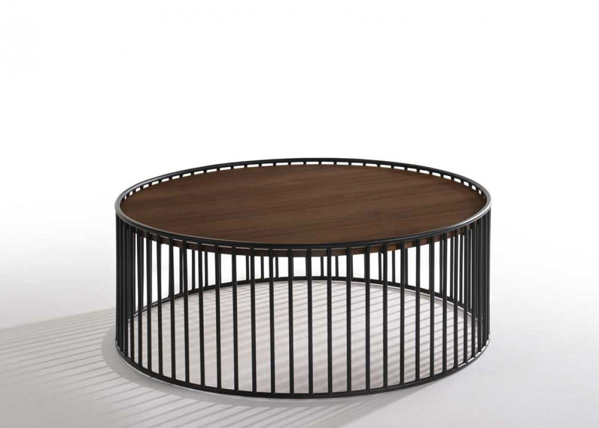 HomeRoots Modern Walnut Round Coffee Table With Black Metal Rods Base