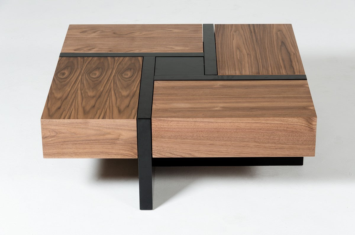 HomeRoots Modern Walnut and Black Square Coffee Table with Storage