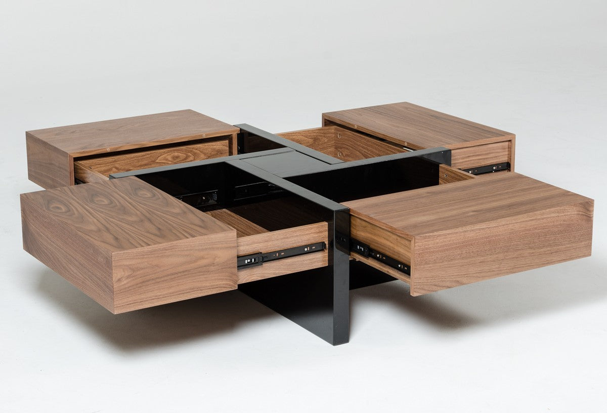HomeRoots Modern Walnut and Black Square Coffee Table with Storage