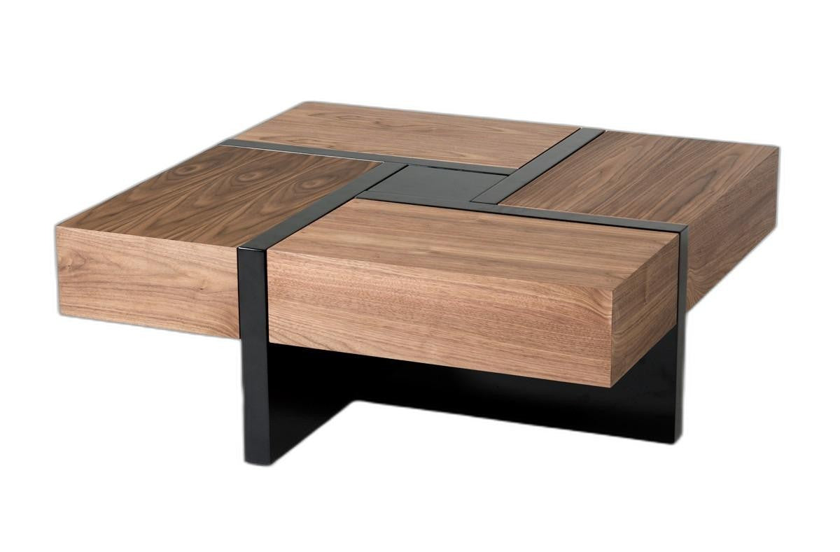 HomeRoots Modern Walnut and Black Square Coffee Table with Storage