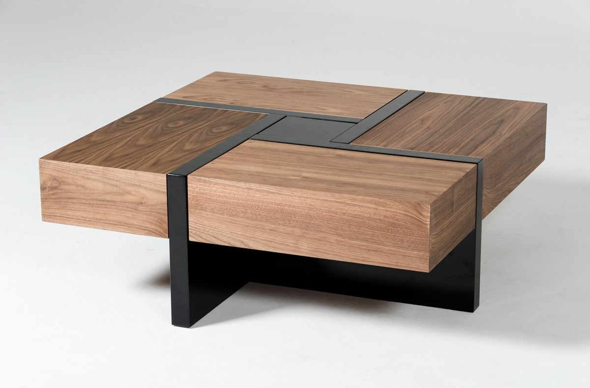 HomeRoots Modern Walnut and Black Square Coffee Table with Storage