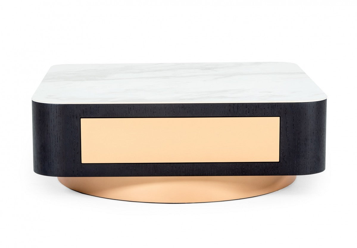 HomeRoots Modern White Black and Rose Gold Coffee Table with One Drawer