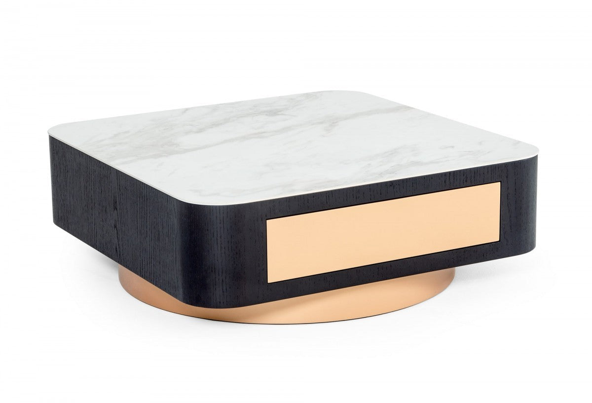 HomeRoots Modern White Black and Rose Gold Coffee Table with One Drawer