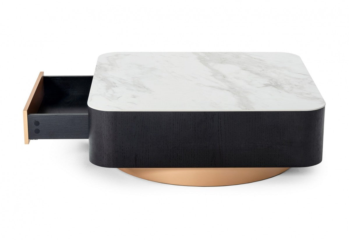 HomeRoots Modern White Black and Rose Gold Coffee Table with One Drawer