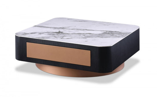HomeRoots Modern White Black and Rose Gold Coffee Table with One Drawer