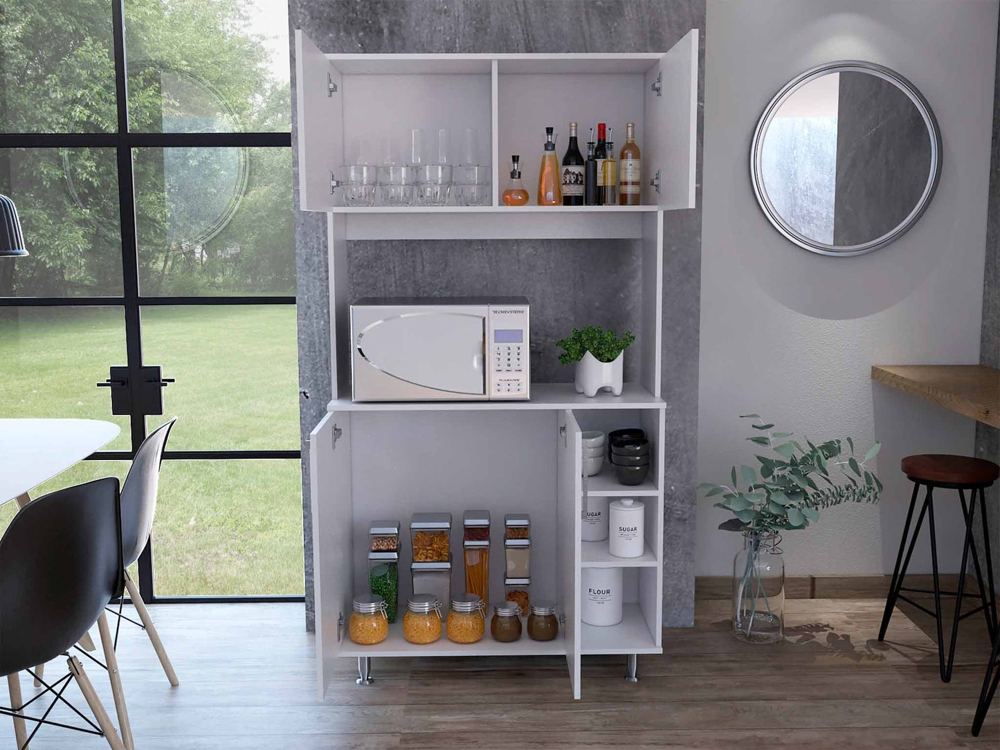 HomeRoots Modern White Kitchen Cabinet With 2 Storage Shelves