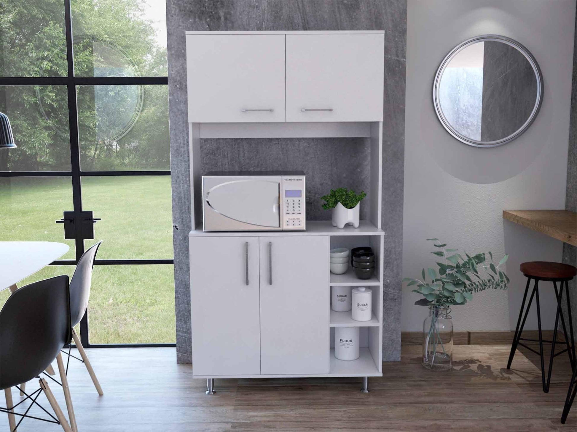 HomeRoots Modern White Kitchen Cabinet With 2 Storage Shelves