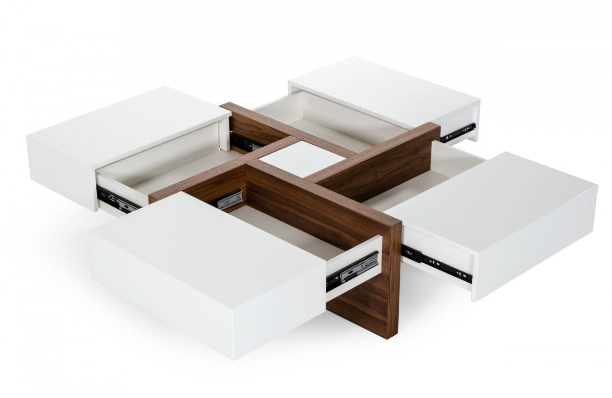HomeRoots Modern White and Walnut Square Coffee Table with Storage