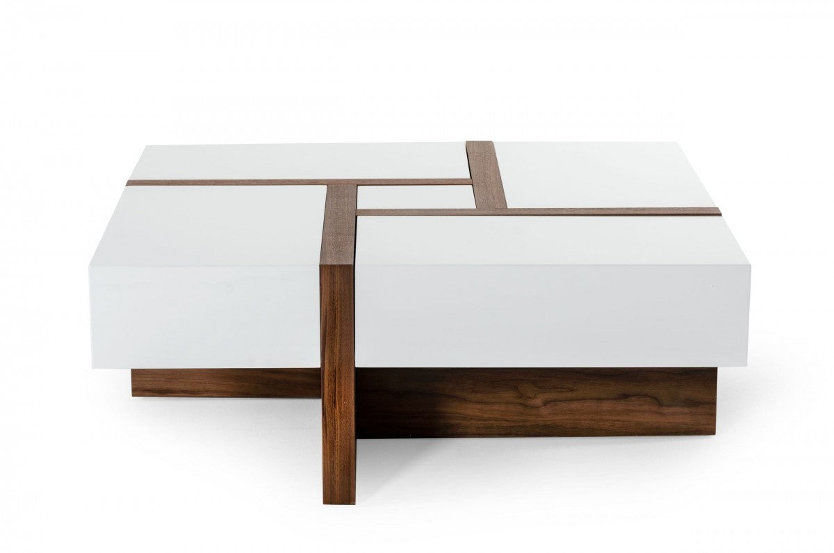 HomeRoots Modern White and Walnut Square Coffee Table with Storage